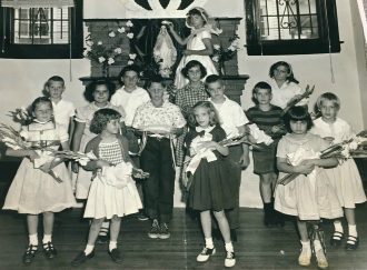 Sharon Cascone (back, center, in plaid dress) at Morning Star School in the late 1950s.