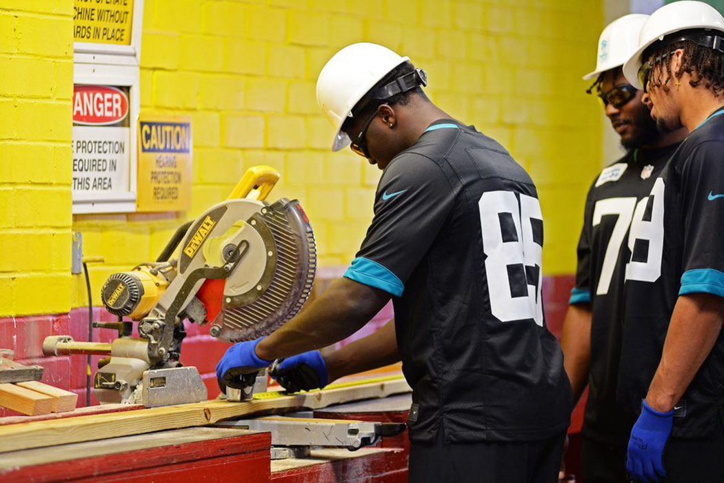 Members of the Jaguars rookie class took the first One Team. One Home. shift of the year on June 17, building the frame for a new house at the HabiJax warehouse.
