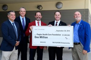 The Players presented The Flagler Foundation with a $1 million donation to help improve mental health in St. Johns County Schools. Pictured are, from left to right, Superintendent of Schools Tim Forson, PLAYERS Chapionship Executive Director Jared Rice, Tournament Chairman Adam Campbell, Flagler Health+CEO Jason Barrett and Brad Cooper, Chair, Flagler Healthcare Foundation Board of Trustees.