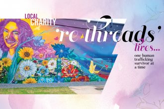 colorful mural of woman and flowers | text reading: "Local Charity 're-threads' lives... one human trafficking survivor at a time
