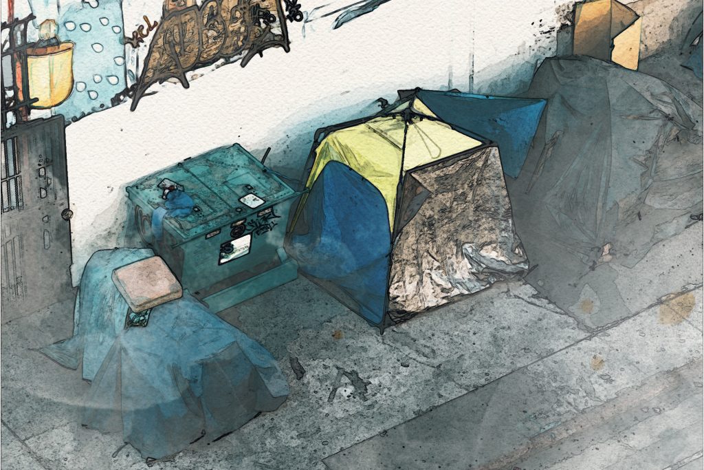 artistic image of tents by street