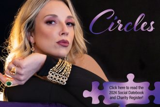 photo of beautiful female model with elegant jewelry against black background, purple Circles logo and purple puzzle pieces with the words "Click here to read the 2024 Social Datebook and Charity Register!"