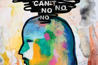 abstract painting of a person in portrait with the words "No" "Later" "Can't" "No" "No" "No"